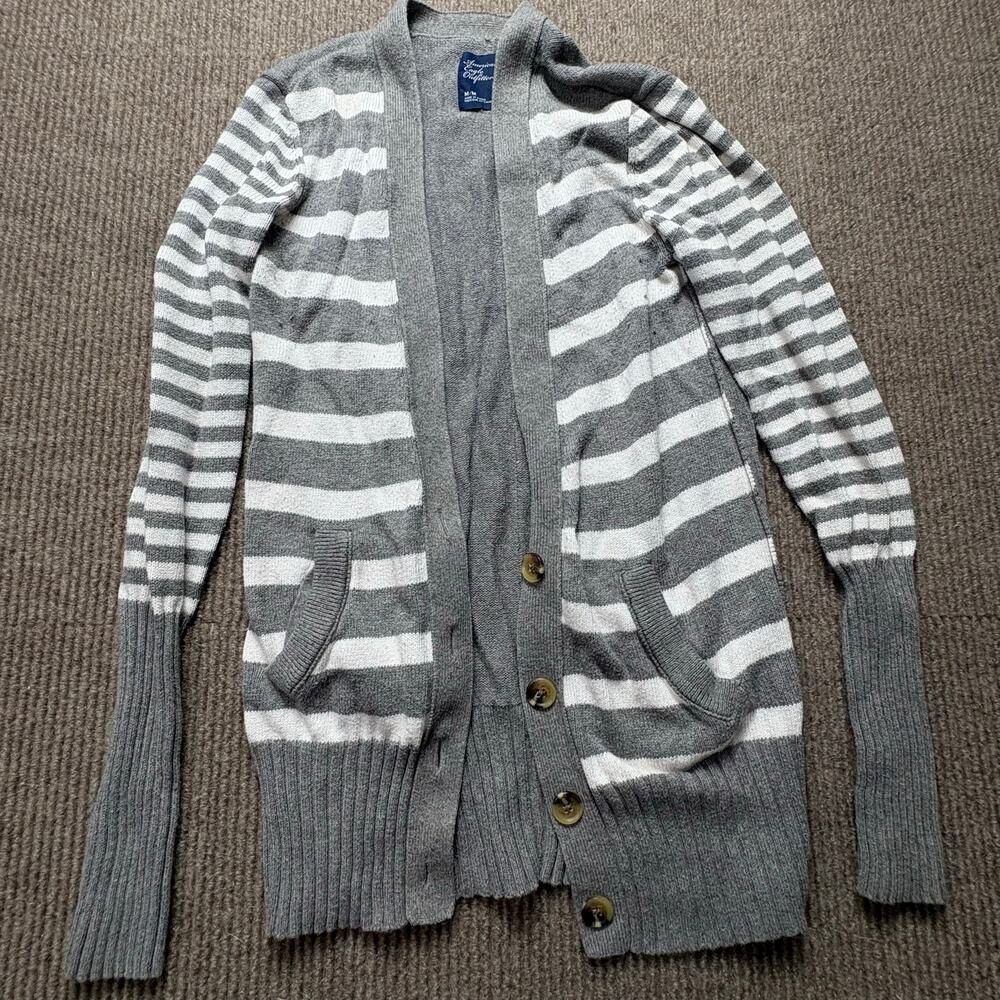 American Eagle Outfitters Grey White Striped Cardigan Sweater Y2K Bella Swan Med